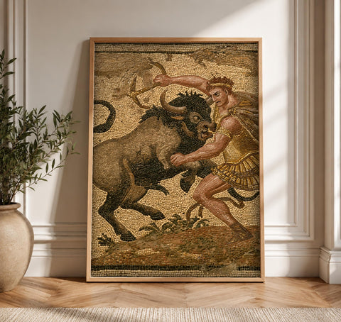 Greek Mythology Poster, Hercules Cretan Bull, Ancient Roman Mosaic, Framed Unframed or Digital