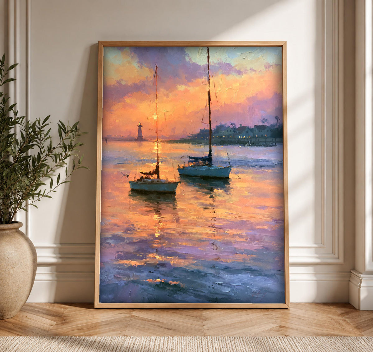 Nautical Wall Art, Sailboats Lighthouse Sunset, Coastal Harbour Painting, Framed Unframed or Digital