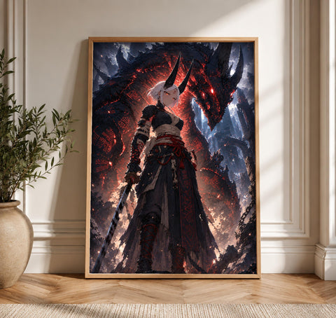 Dark Fantasy Art, Dragon Warrior Sword Print, Framed Unframed or Digital