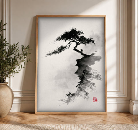 Japanese ink art, Ancient Pine Tree Print, Sumi-e Painting, Framed Unframed or Digital