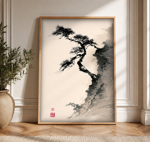 China Poster, Pine Cliff Ink Painting, Masculine Wall Art, Framed Unframed or Digital