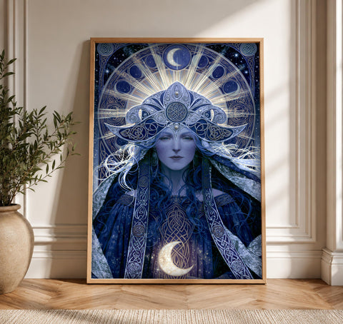 Celtic Goddess Art, Triple Moon Pagan Decor, Mythology Poster, Framed Unframed or Digital