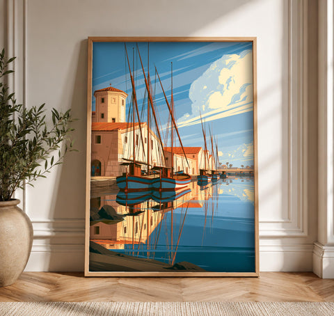 Italy Wall Art, Mediterranean Harbor Print, Sailing Ship Poster, Framed Unframed or Digital
