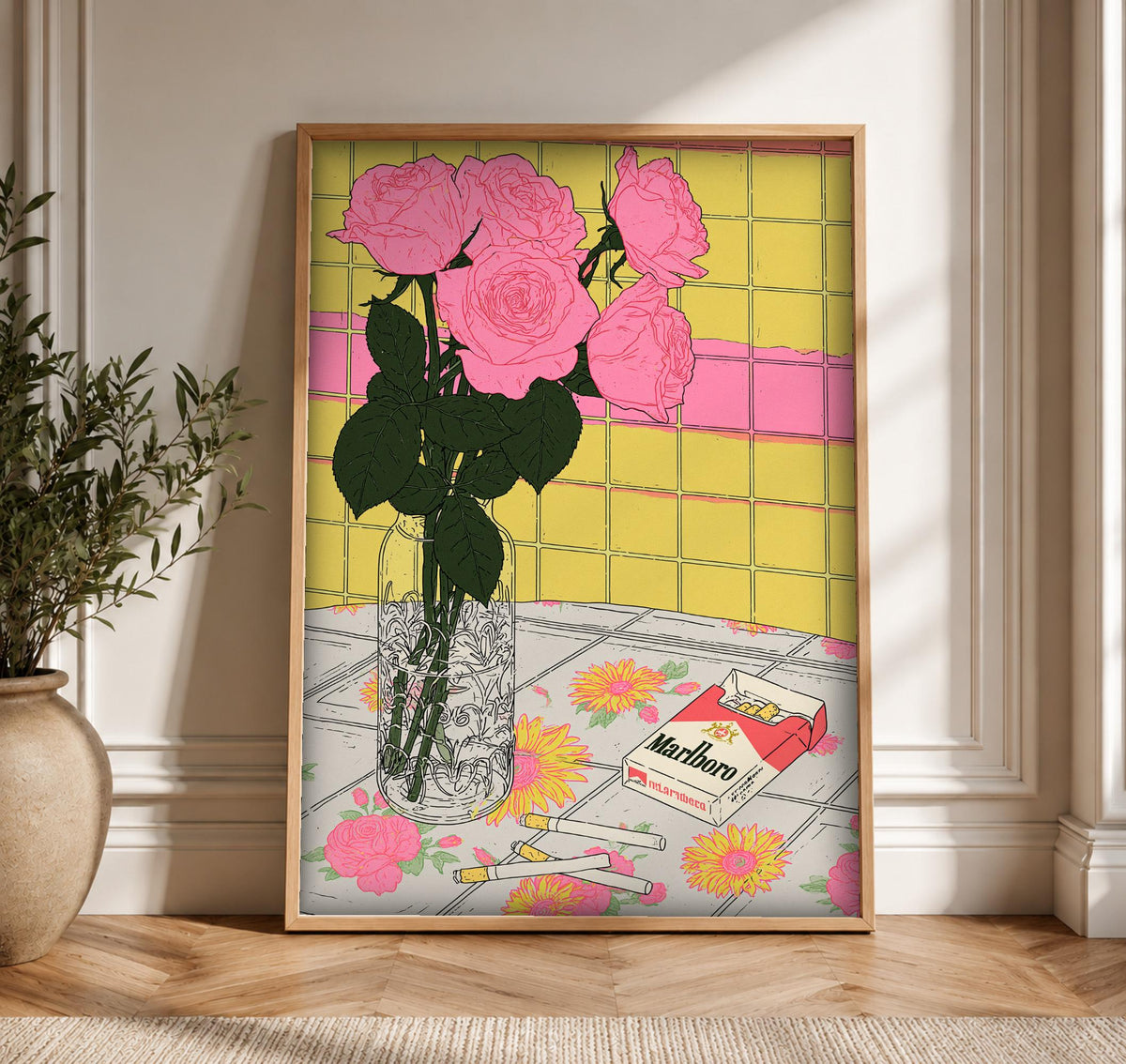 Retro Floral Still Life, Vintage Rose Illustration, Moody Kitchen Poster, Framed Unframed or Digital