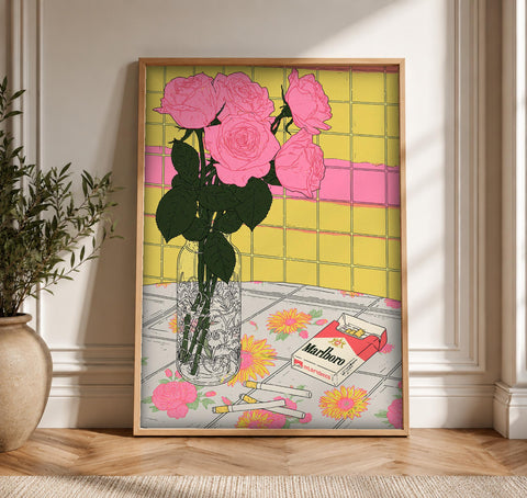 Retro Floral Still Life, Vintage Rose Illustration, Moody Kitchen Poster, Framed Unframed or Digital