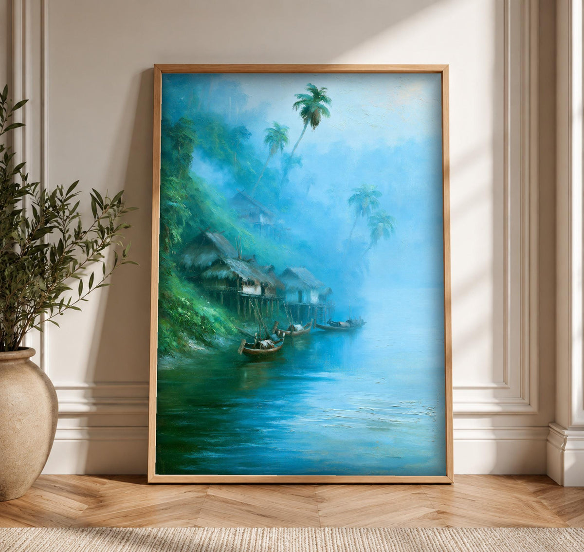 Asian River Art, Tropical Stilt Village Colonial Burma Print, Framed Unframed or Digital