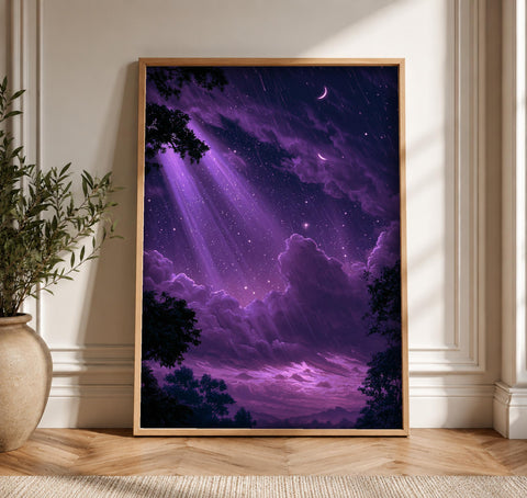 Dark Academia Art, Night Sky Celestial Print, Enchanted Forest, Framed Unframed or Digital
