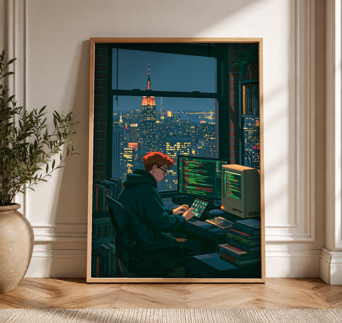 Hypebeast Decor, Pixel Coder NYC Skyline, Retro Poster, Framed Unframed or Digital