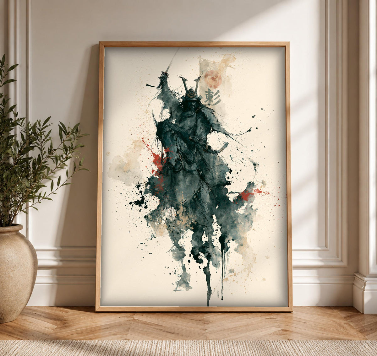 Samurai Wall Art, Japanese Warrior Print, Ink Splash Decor, Framed Unframed or Digital