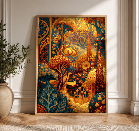 Enchanted Forest Art, Mystical Botanical Fantasy, Vibrant Folk Decor, Framed Unframed or Digital