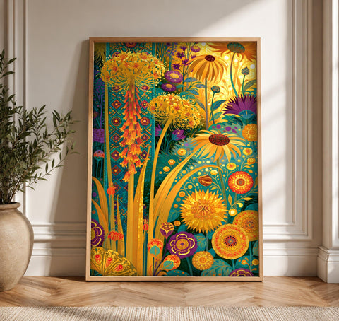 Vibrant Wall Art, Botanical Garden Folk Print, Framed Unframed or Digital