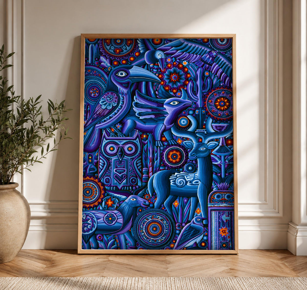 Mexican Folk Art, Sacred Deer Huichol Print, Vibrant Cultural Decor, Framed Unframed or Digital