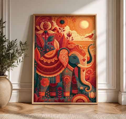 Indian Art, Mughal Ceremonial Elephant Print, Cultural Decor, Framed Unframed or Digital