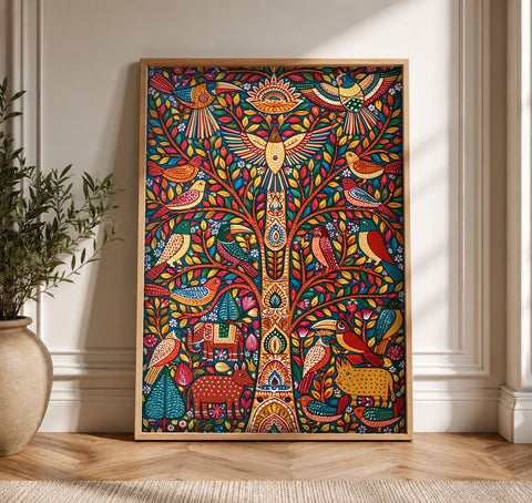 Indian Folk Art, Madhubani Tree of Life, Cultural Decor, Framed Unframed or Digital