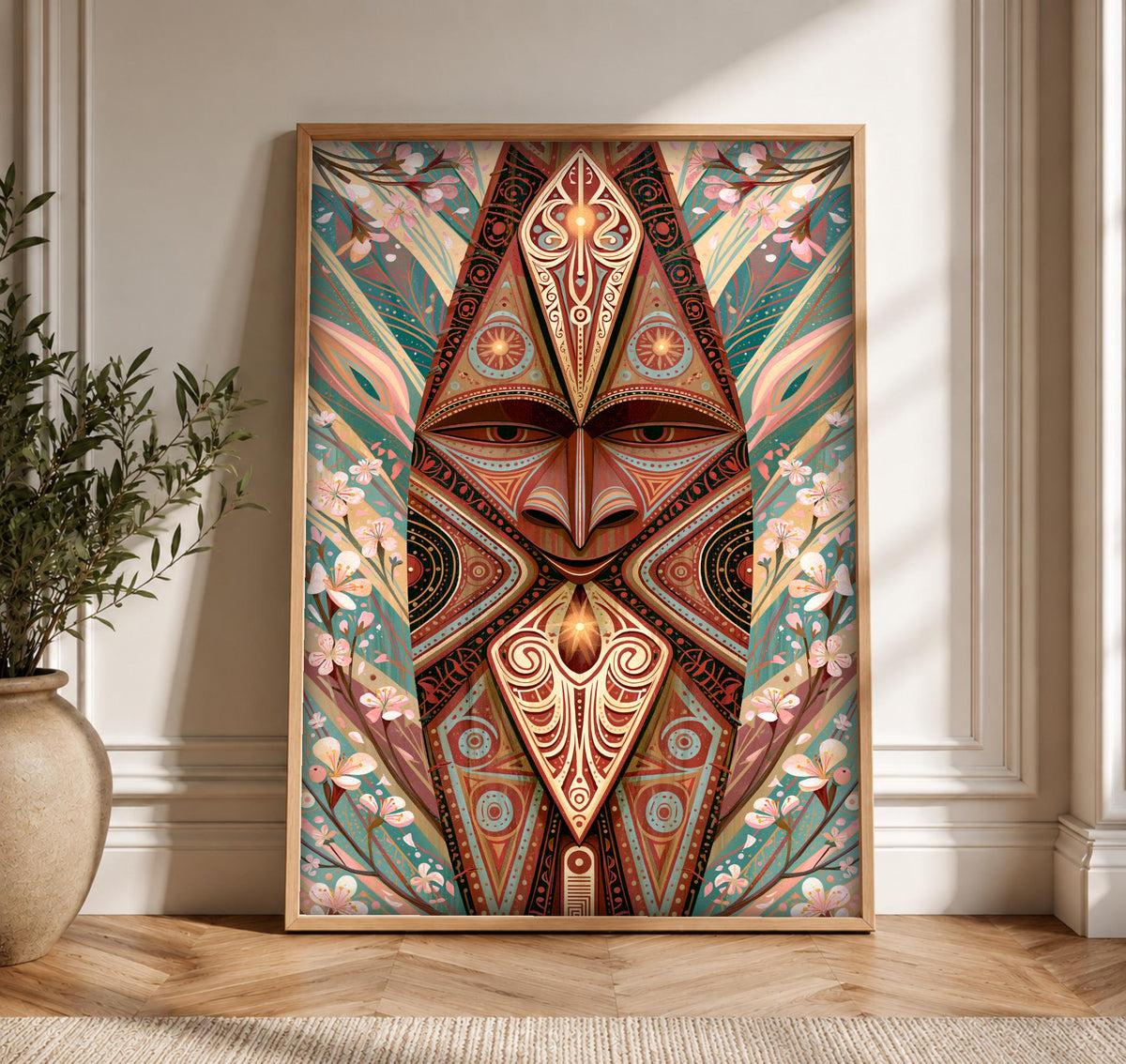 Folk Art Polynesian Mask, Tribal Cultural Decor, Ancestral Spirit, Framed Unframed or Digital