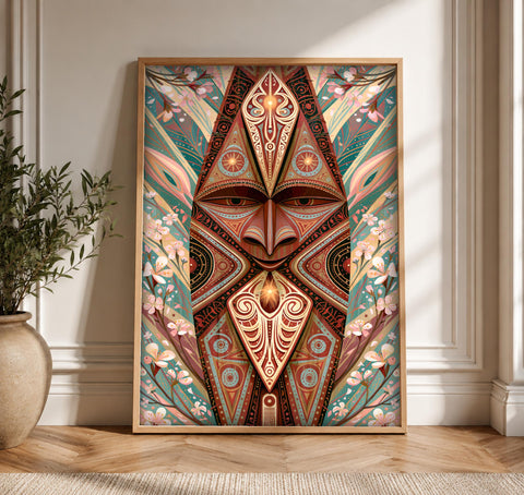 Folk Art Polynesian Mask, Tribal Cultural Decor, Ancestral Spirit, Framed Unframed or Digital