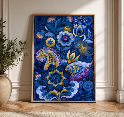 Mughal Floral Art, Indian Decor, Paisley Print, Framed Unframed or Digital