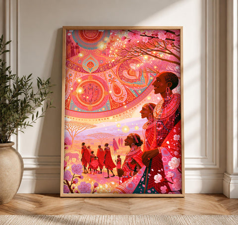 African Wall Art, Maasai Community Celebration, Indian Decor, Framed Unframed or Digital