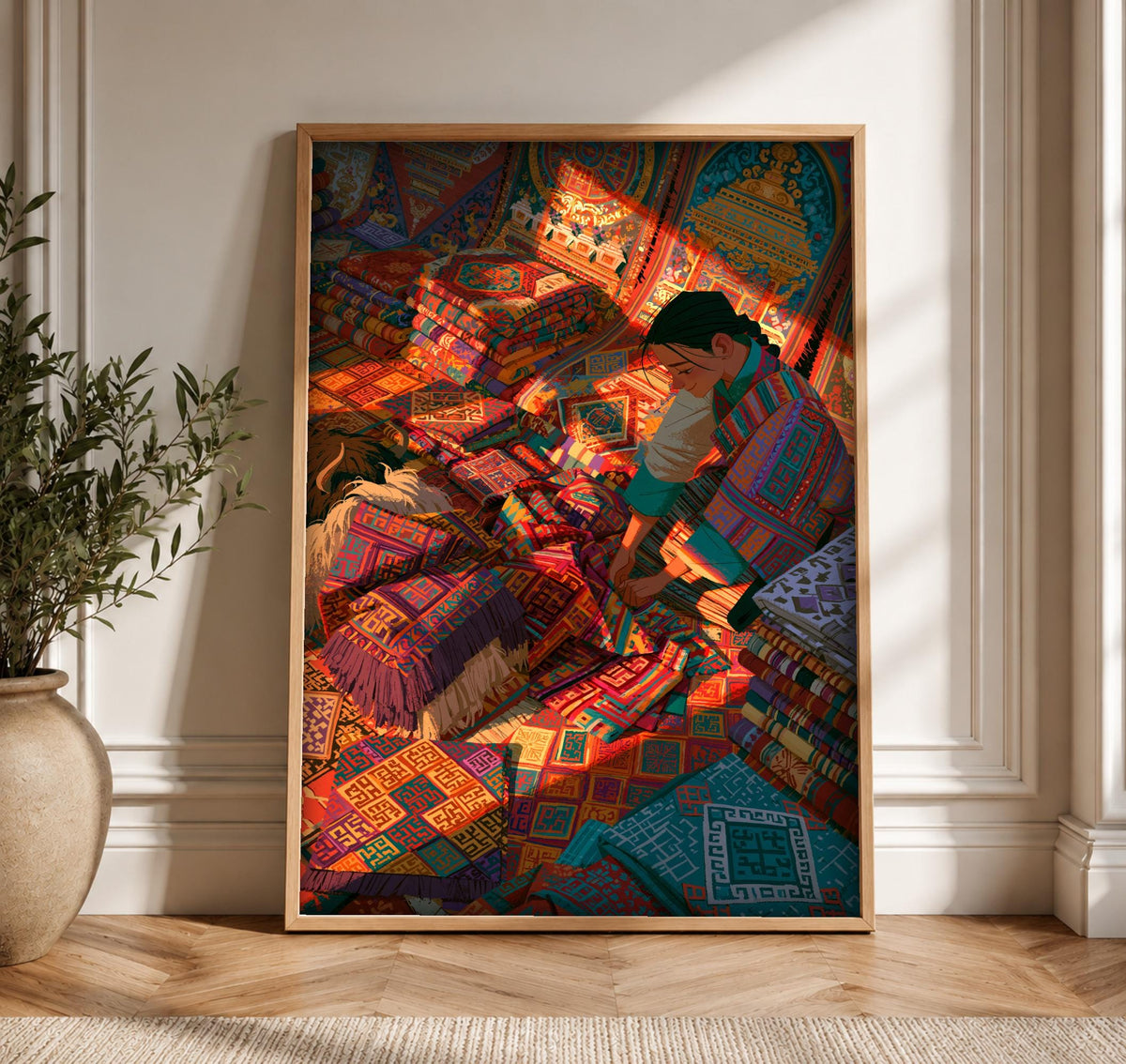 Folk Art, Silk Road Textile Market Print, Himalayan Decor, Framed Unframed or Digital