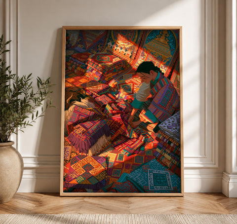 Folk Art, Silk Road Textile Market Print, Himalayan Decor, Framed Unframed or Digital