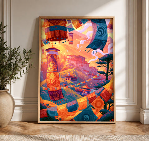 Tibetan prayer flags, Potala Palace Art, Buddhist Monastery Print, Framed Unframed or Digital