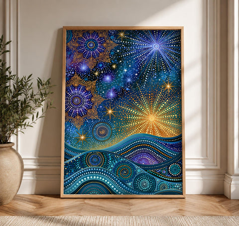 Celestial Star Map, Ancient Night Sky Folk Art, Vibrant Cultural Decor, Framed Unframed or Digital