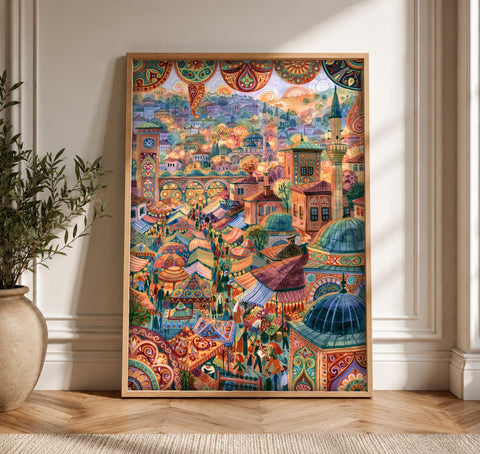Ottoman Empire City Art, Islamic Decor, Bazaar Market Print, Framed Unframed or Digital