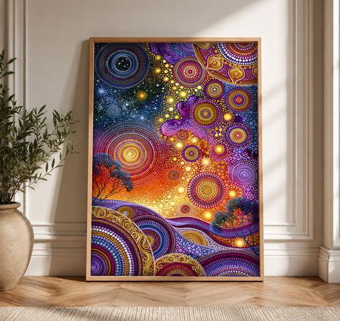 Aboriginal Dot Art, Dreamtime Songlines, Night Sky, Cultural Decor, Framed Unframed or Digital
