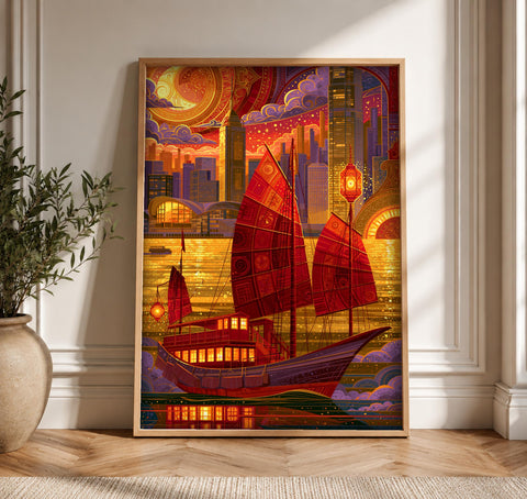 Chinese Junk Ship Art, Qing Dynasty Vessel Print, Framed Unframed or Digital