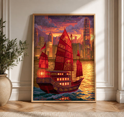 Chinese Junk Ship Art, Hong Kong Harbor Print, Framed Unframed or Digital