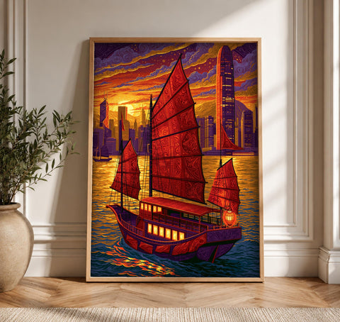 Hong Kong Junk Ship Art, Victoria Harbour Print, Framed Unframed or Digital