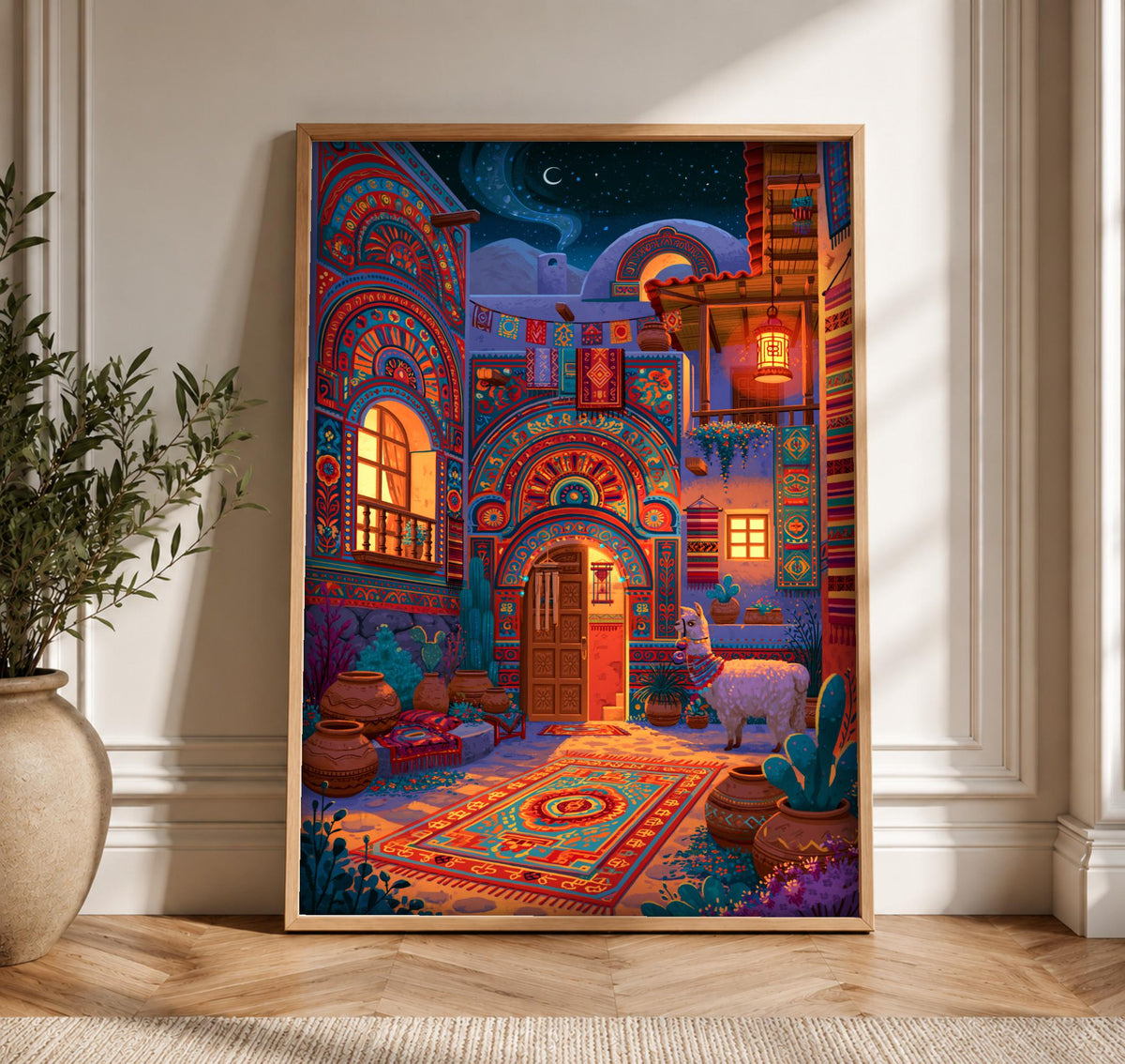 Mexican Folk Art, Andean Courtyard Llama, Vibrant Cultural Decor, Framed Unframed or Digital