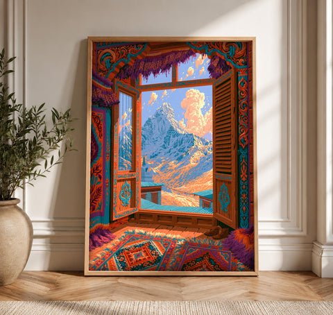 Vibrant Wall Art, Himalayan Monastery, Buddhist Stupa, Cultural Decor, Framed Unframed or Digital
