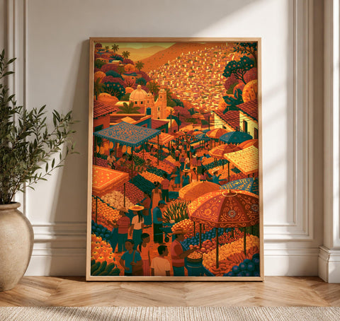 Mexican Folk Art, Colonial Mercado Scene, Vibrant Wall Decor, Framed Unframed or Digital
