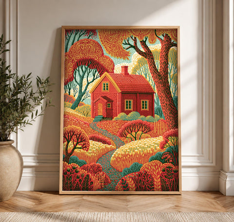 Nordic Folk Art, Swedish Cottage Print, Enchanted Forest Wall, Framed Unframed or Digital