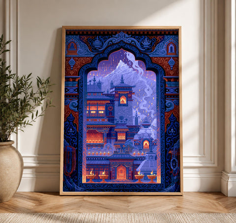 Himalayan Monastery Buddhist Pixel Art, Sacred Tibetan Print, Framed Unframed or Digital