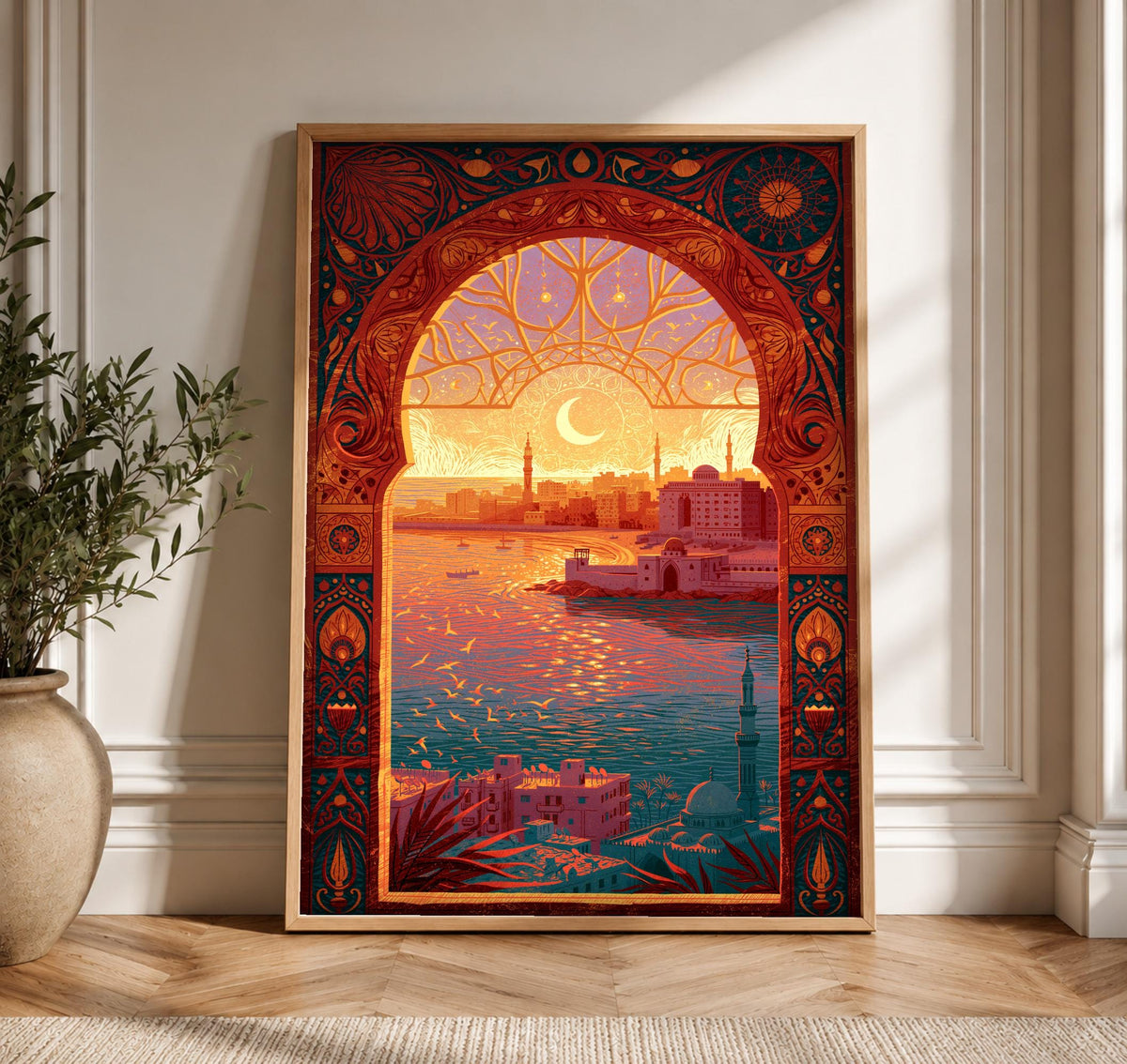 Ottoman Wall Art, Moorish City Crescent Moon, Islamic Decor, Framed Unframed or Digital