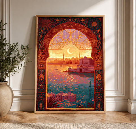 Ottoman Wall Art, Moorish City Crescent Moon, Islamic Decor, Framed Unframed or Digital