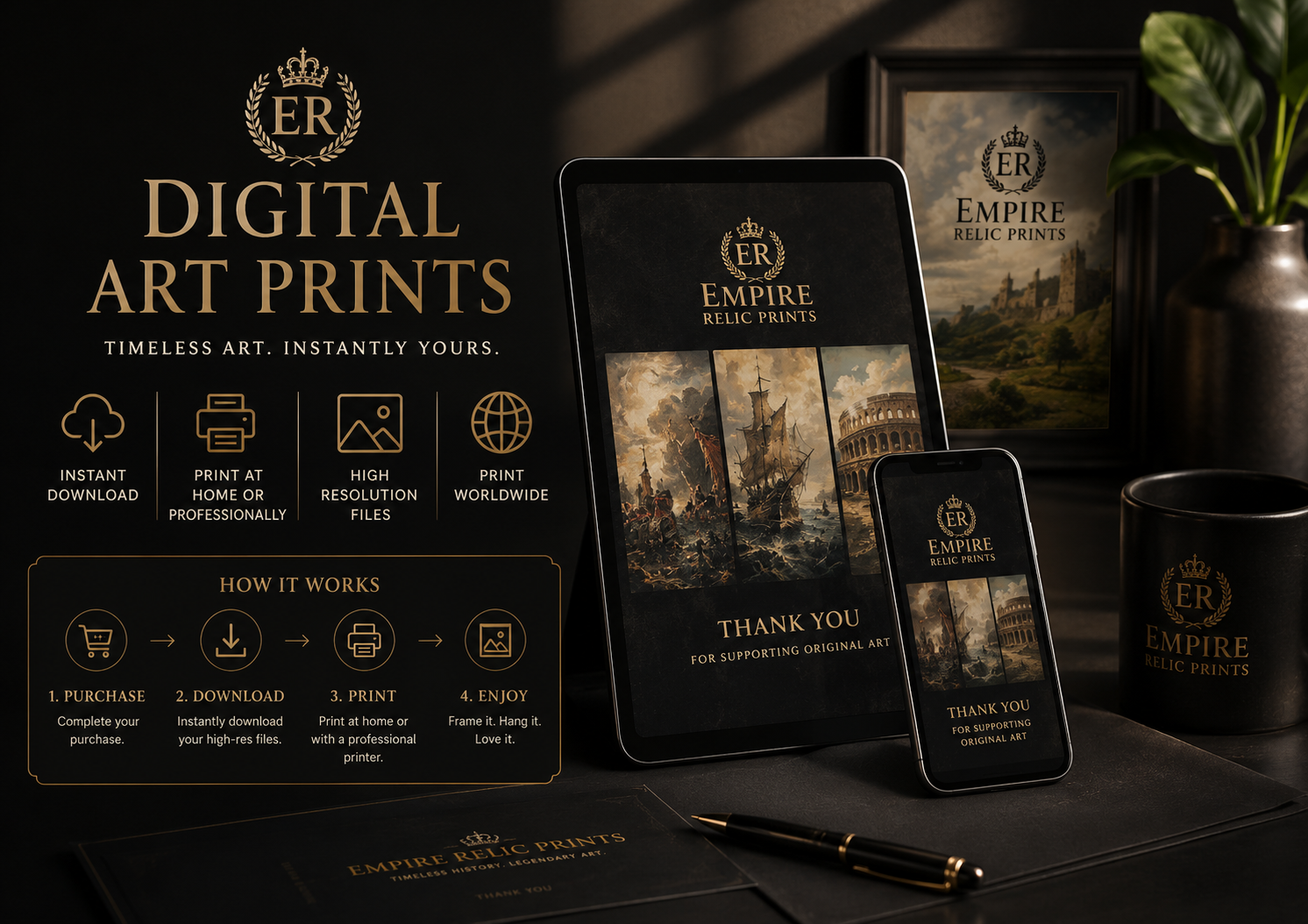 Digital artwork files shown on a tablet and printed as wall art